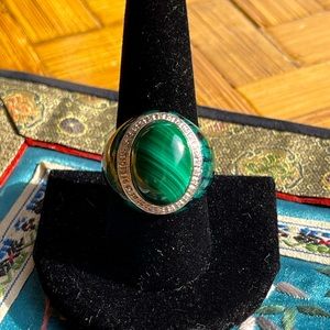 Beautiful malachite & enamel ring w/crystals bezel